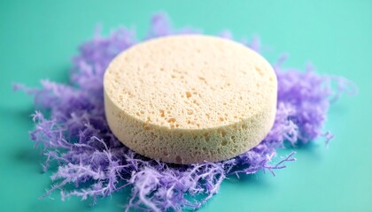 Light beige sponge on pastel purple and teal background