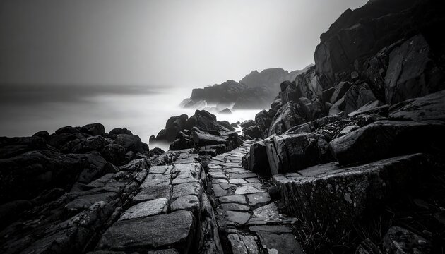 Gray coastal path leading to a misty ocean
