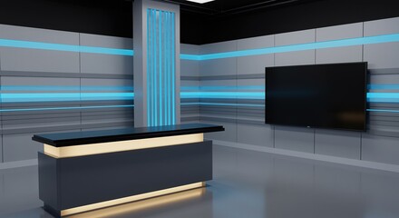 Modern TV Studio News Desk Set Design television broadcast minimalist clean background backdrop screen blank gray blue lighting accent corporate