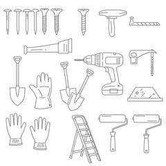 A comprehensive collection of essential line art icons depicting various construction, DIY, and home improvement tools, perfect for building projects and renovation concepts.