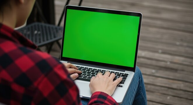 Person using laptop with green screen outdoors computer technology outdoor wooden deck typing hands work freelancer student business internet