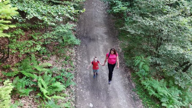Aerial shot of a woman with two children walking in the forest. Boy with Down syndrome. Children with disabilities in everyday life, inclusion, family relaxing trip. . 