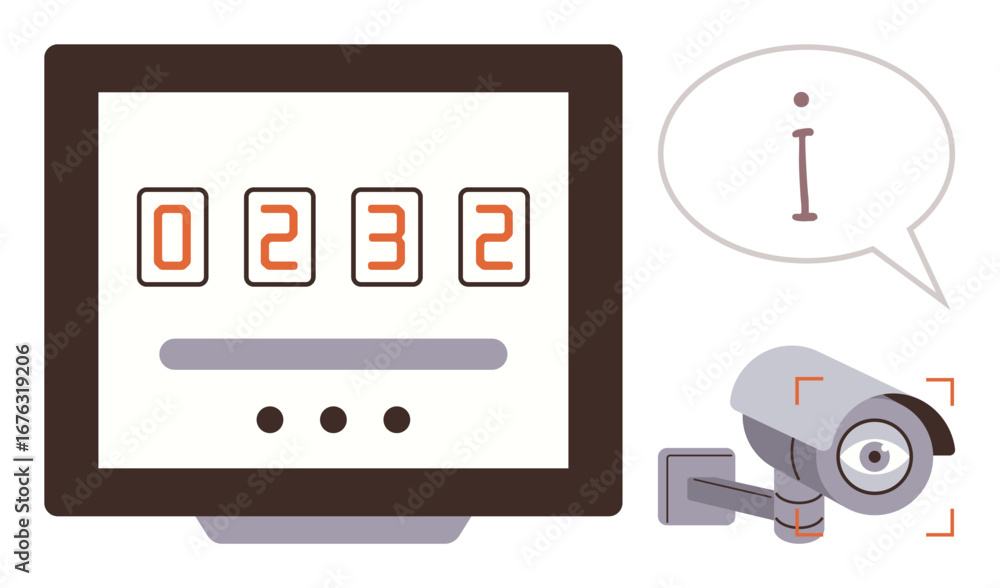 Poster digital screen displaying numbers, speech bubble with i, and security camera. ideal for surveillance