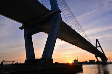 朝日に染まる名港トリトン