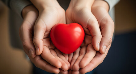 Fototapeta premium Hands holding a red heart, giving and receiving love, care, and support.