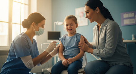 Child getting a vaccine shot in a doctor's office with mother's support