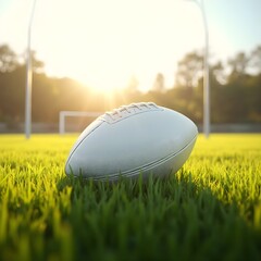 Dynamic blank football mockup on colorful green sports field with goal post and sunlight, perfect product branding design for sports and athletic promotions
