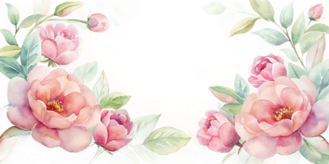 Watercolor painting of pink roses and green leaves framing a white space for text or images created with generated ai