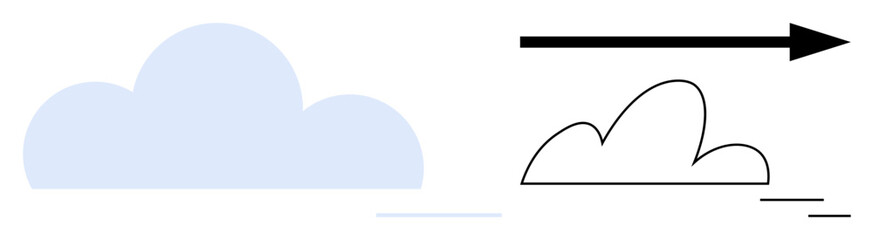 Cloud transitioning with a colored cloud shifting to an outline version and a bold arrow pointing forward. Ideal for technology, innovation, growth, transformation, data migration, connectivity