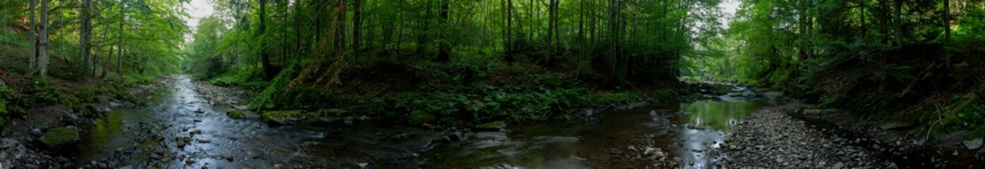 Panorama with a river in the mountains on a summer day. The wonderful coolness of the weekend attracts friends for a pleasant rest.