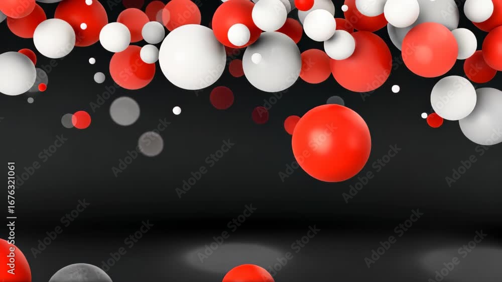 Poster red and white spheres: abstract composition features a multitude of vibrant, floating spheres of var