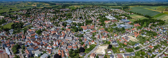 An aerial panorama view Around the old town of the City wertingen In Germany on a sunny spring day