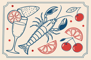 Set of summer italian mediterranean posters. Vacation in Italy. Amalfi. Italian food. Hand drawn lobster and tomato in plates, lemons, sardines, cocktail. Vector illustration for poster or card.