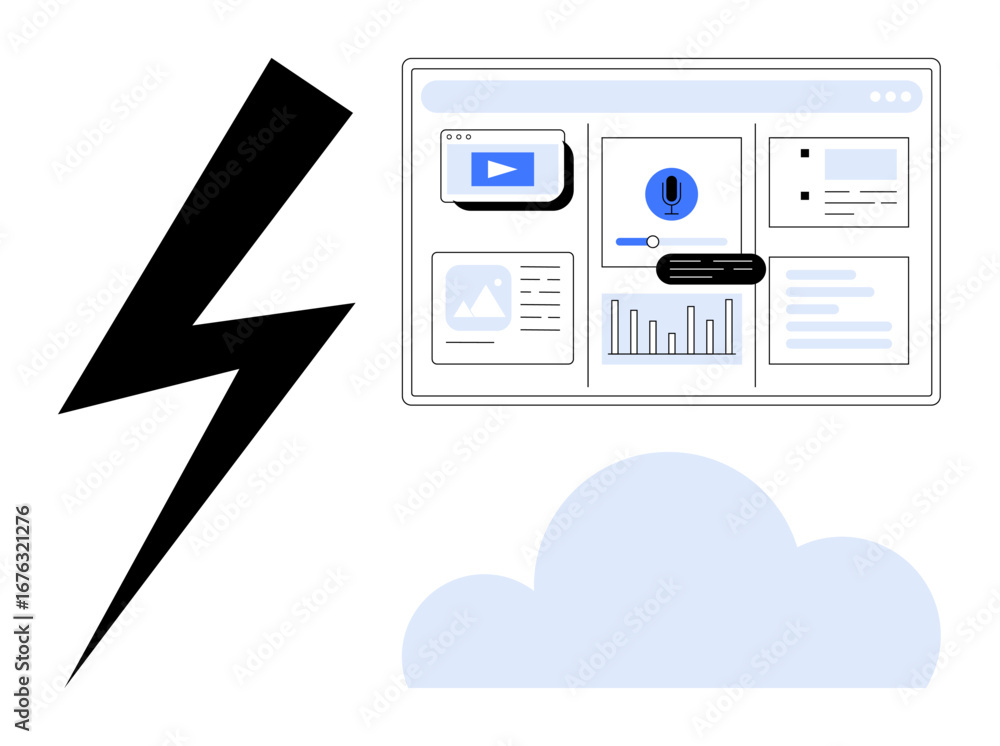 Poster cloud platform analytics and multimedia dashboard alongside a lightning bolt. ideal for tech innovat
