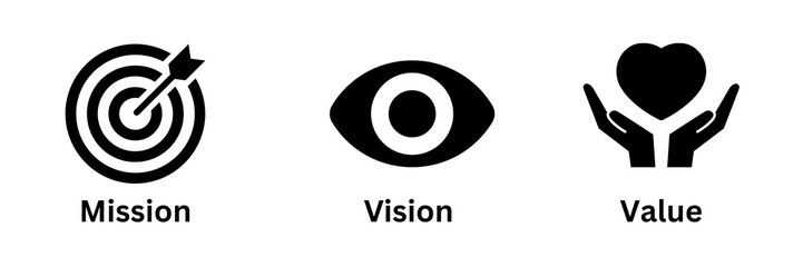 Set of mission  vision, value icons, set of business strategy, principles and core for success, profit making strategies set in business 
