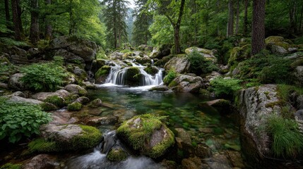 Obraz premium Crystal-clear mountain stream cascading over rocks, lush forest