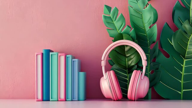 A Symphony of Learning and Leisure: A captivating composition features a collection of colorful books, harmonizing with the trendy pink headphones and lush green foliage.