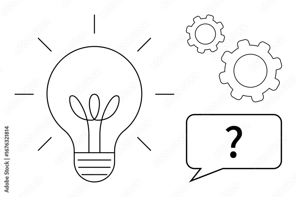 Poster light bulb with radiating lines, two gears, and a question mark in a speech bubble symbolizing ideas
