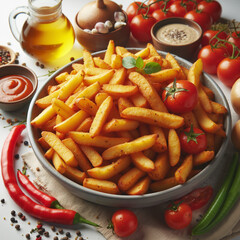 Crispy golden fries in a bowl with fresh tomatoes and sauces in vibrant colors for appetizing food