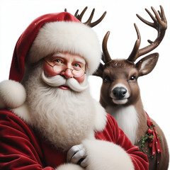 Santa Claus with cheerful mood hugging a reindeer against snowy winter background