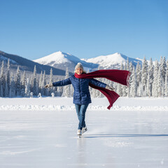 Joyful woman with open arms ice skating in snowy mountain landscape