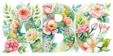 Watercolor abc letters adorned with floral arrangements featuring roses and greenery elements design created with generated ai
