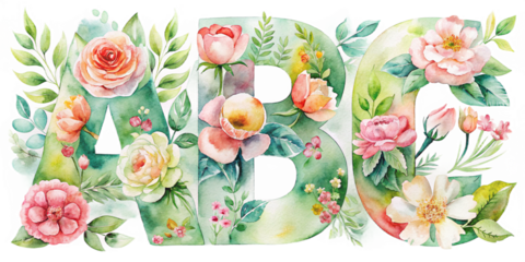 Watercolor abc letters adorned with floral arrangements featuring roses and greenery elements design created with generated ai