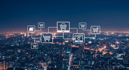 Futuristic Online Retail Network Hologram Floating Above a Luminous City at Night.
