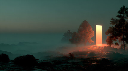 Monolith in Misty Landscape