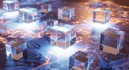 Luminous Crystal Cubes on a Glowing Digital Network Representing Blockchain Technology.