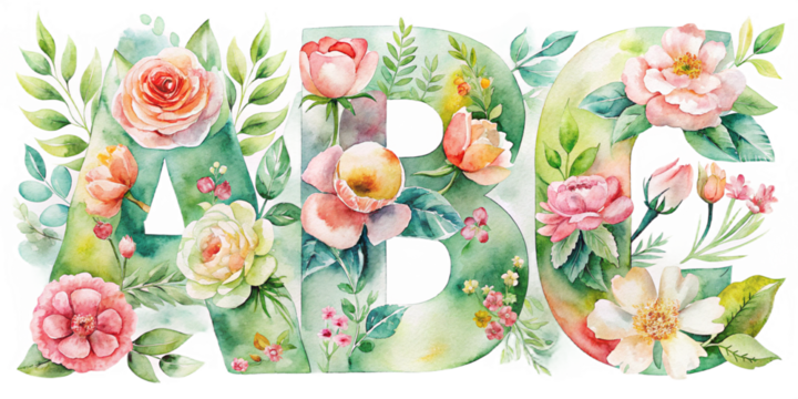 Watercolor abc letters adorned with floral arrangements featuring roses and greenery elements design created with generated ai