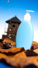 Light blue bottle of lotion sits amidst autumn leaves, water droplets cascading
