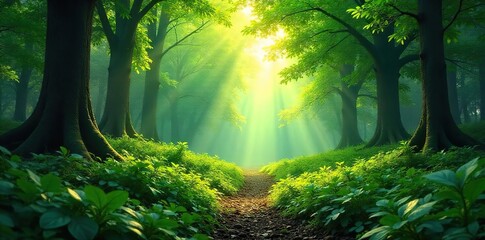 Lush green forest scene, sunlight filtering through dense canopy, creating dappled light on the forest floor  Perfect for nature, environment, and travel themes ,  biome,  ecology,  light and shadow