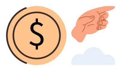 Dollar symbol coin for wealth, hand pointing for direction, and cloud for dreams and goals. Ideal for finance, business, vision, investment, navigation planning success. Simple flat metaphor