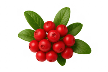 Bunch of lingonberries with green leaves on transparent background