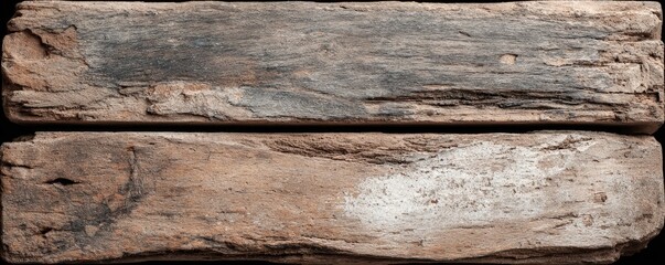 Aged wood planks,  two horizontal rows.  Dark brown, light brown, and gray tones.  Textured surface with visible wood grain, knots, and variations in color