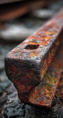 Close-up of rusty railway rail section