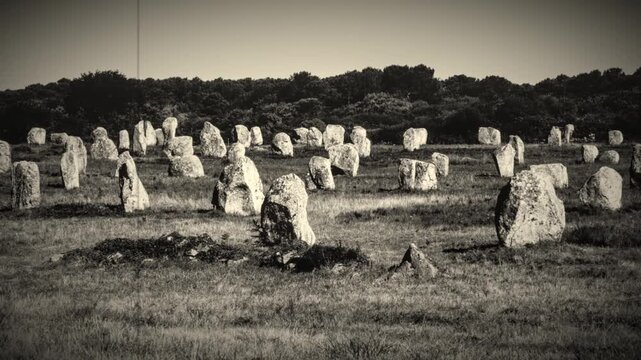 Black and white vintage-style video of the Carnac menhir field in Brittany, France &ndash; lightly animated with zoom and pan movements, retro look with vignette and film scratches.