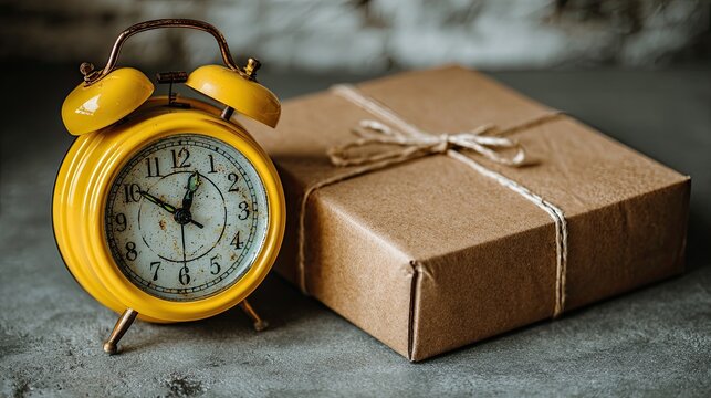 Yellow alarm clock beside a wrapped package