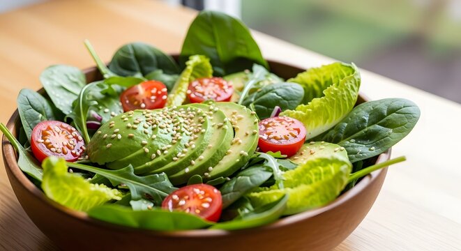 Fresh avocado and tomato salad with spinach and sesame seeds offers a vibrant, healthy, and delicious meal.