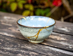 Light blue ceramic bowl with golden cracks on a wooden table