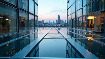 Stunning modern architecture reflecting skyline, dynamic city views through glass buildings, tranquil urban scene for corporate branding and future tech