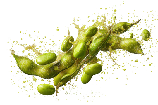 Green soybeans in a splash