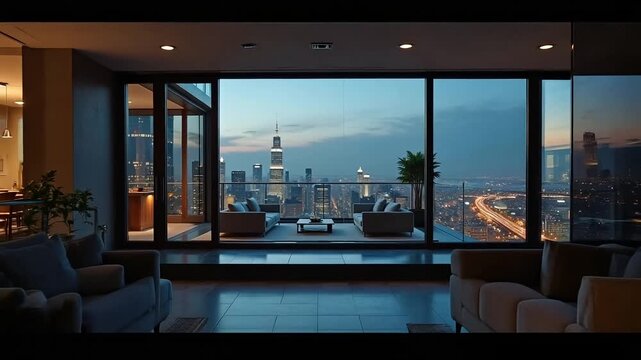 Experience the luxurious comfort of a modern penthouse suite with breathtaking city views, perfect for relaxation and upscale living lifestyle videos