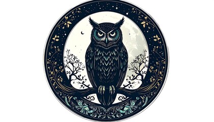 Owl in ornate circle design.  Mysterious nocturnal scene