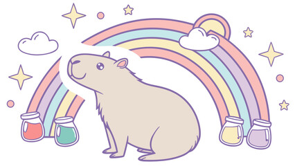 Cute Funny  Capybara in a Rainbow world – Pastel Rainbow palette vector