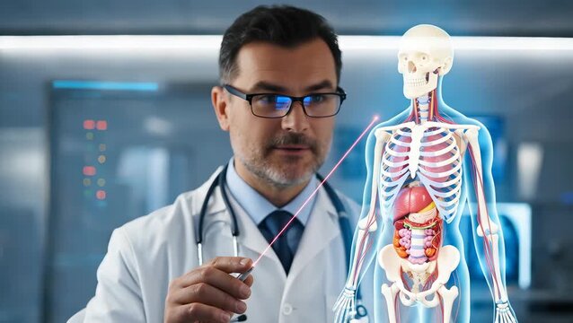 Male Doctor Examining Digital Human Skeleton with Laser Pointer in Medical Lab