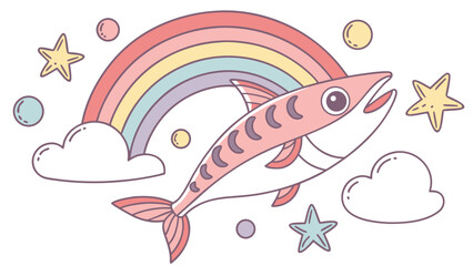 Whimsical  Barracuda feeling Gentle in a Rainbow setting – colored in Pastel Rainbow