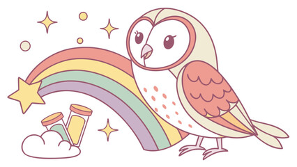 Playful Cheerful  Barn Owl design with Pastel Rainbow shades in a Rainbow setting