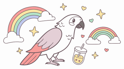 Happy  African Grey Parrot, set in a charming Rainbow theme – Pastel Rainbow color vector art